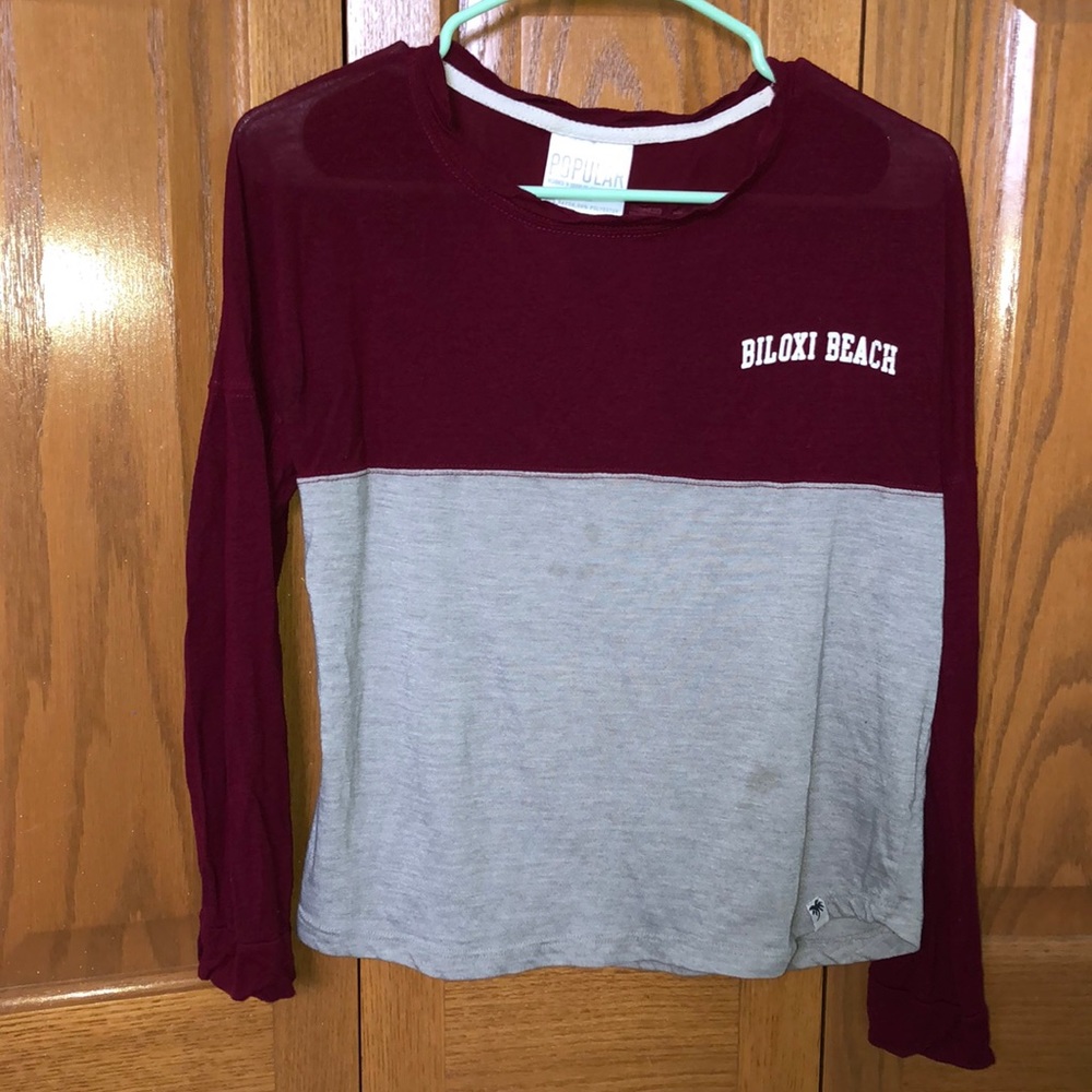 burgundy and gray long sleeve t-shirt